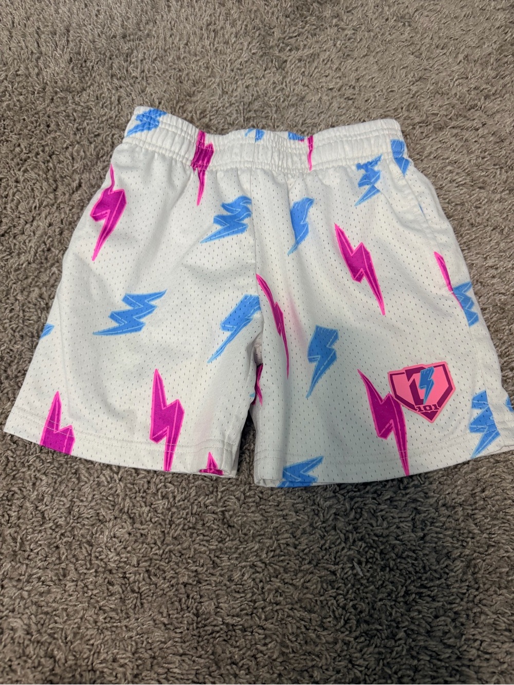Kids White Athletic Shorts with Pink & Blue Lightning Design
